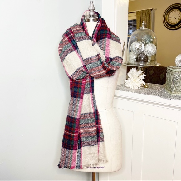 Pink Wool Plaid Tartan Blanket Scarf New Beige Red - Picture 7 of 9